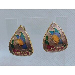 Vintage Cloisonne Enamel Butterfly Flower Earrings Pierced Teardrop Huggie Style